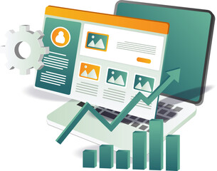 A business card placed next to a laptop with a graph on the screen