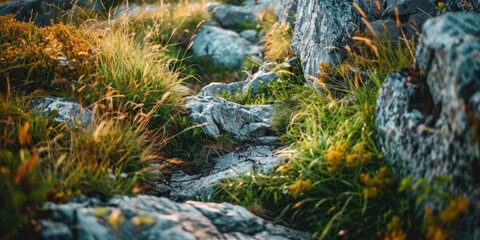 Border between landscaped rocks and grass with intrusion