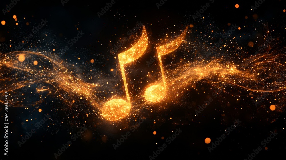 Poster Musical notes floating with light and sound waves on a black background