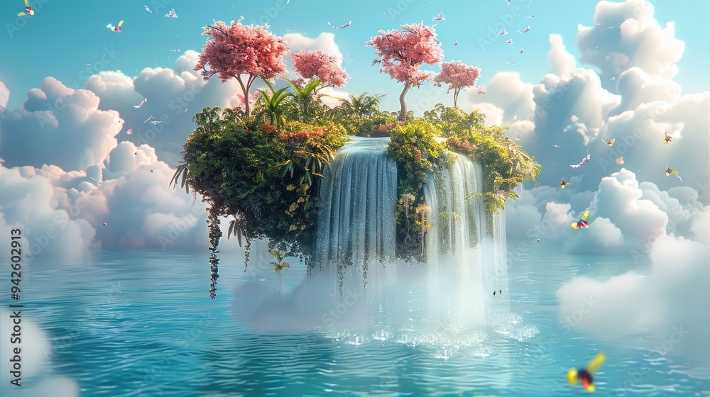 Poster Magical Floating Island, An enchanted floating island with a lush garden, a waterfall cascading into the sky. Generative AI.