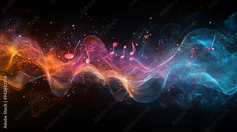 Poster Musical notes floating with light and sound waves on a black background