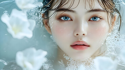 Woman with wet hair and clear skin submerged in water with flowers and bubbles.