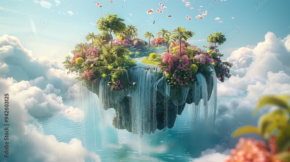 Poster Magical Floating Island, An enchanted floating island with a lush garden, a waterfall cascading into the sky. Generative AI.