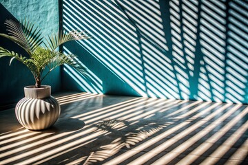 Obraz premium A vase with a plant in it sits in a room with blue walls