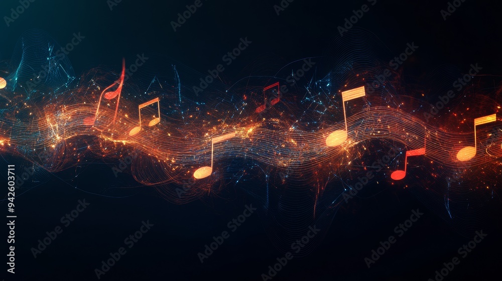 Poster Musical notes floating with light and sound waves on a black background