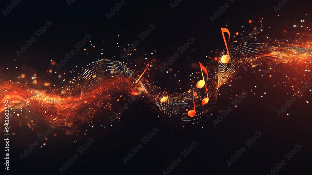 Poster Musical notes floating with light and sound waves on a black background