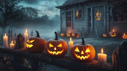 Eerie Halloween Scene with Jack O' Lanterns and Candles in the Misty Night