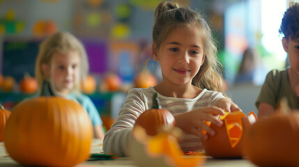 Fototapeta premium Kids with Pumpkin-Themed Art Projects: Kids creating art projects centered around pumpkins, such as drawing or constructing 3D pumpkin models, with copy space