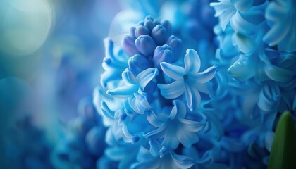 Blue Hyacinth Bloom, a close-up of delicate blue hyacinth flowers showcasing intricate petals and soft hues, evoking a tranquil and serene floral ambiance.