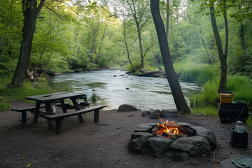Riverside Retreat: Serene Campsite with Flowing Waters and Fire Pits