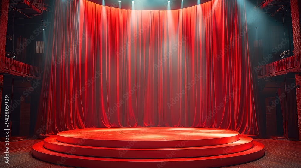 Poster a circular stage in the middle of a sports hall, with red silk and red flags on the stage. generativ