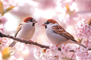 Fototapeta premium close up cute sparrow bird in warm spring time on cherry blossom tree branch, idea for romantic lovely animal background
