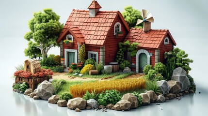 3D isometric farm game icon design with a barn and farmhouse