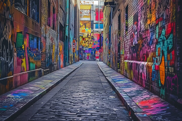 Fototapeta premium Urban Canvas: Alley Covered in Vibrant Street Art