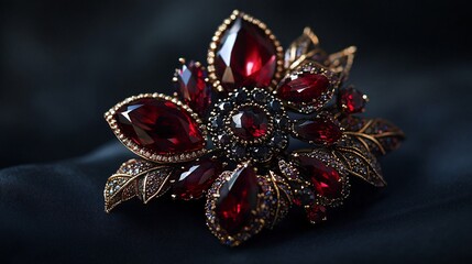 Elegant vintage brooch featuring intricate design and sparkling red gemstones, perfect for adding a touch of luxury to any outfit.