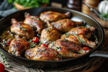 Roasted quail in a pan on a wooden table, close-up, delicious food shot.