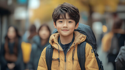 Fototapeta premium Young boy wearing a yellow jacket smiles while wearing a backpack.