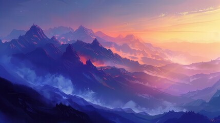 Obraz premium Majestic mountain range at sunset, vibrant hues of purple and orange blend across peaks, silhouetted against a tranquil sky, evoking a sense of serenity and grandeur.