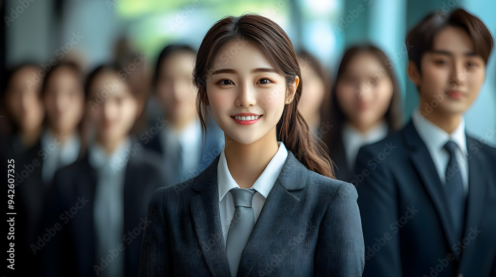 Poster Young businesswoman smiling in front of her team.