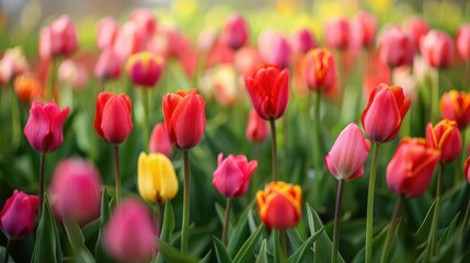 Vibrant Tulip Blossom Field, a colorful blend of red, pink, and yellow tulips swaying gently in a sunny garden, creating a picturesque springtime scene of blooming beauty.