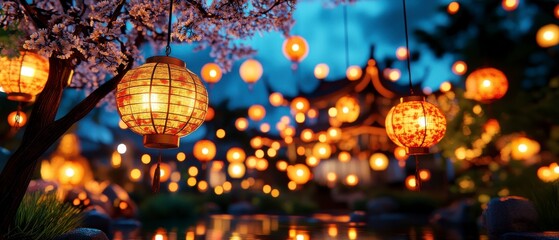 Lantern Festival, Glowing lanterns hanging among blooming trees at night, Festive and enchanting atmosphere.