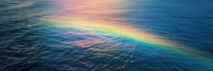 Colorful rainbow arching over the ocean with brilliant strips of light extending across the water.