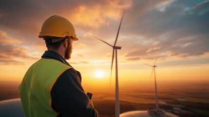 Engineer observing a wind turbine at sunset, symbolizing renewable energy and sustainability. The scene highlights the role of technology and innovation in creating a greener future.