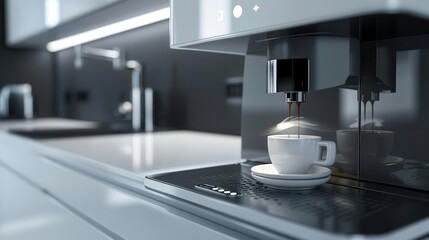 Sleek coffee machine brewing espresso in modern kitchen, white cup on glossy countertop, reflecting black cabinetry and minimalist design, enhancing morning routine.