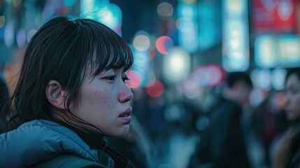 Young woman looking away in a crowded city street at night.