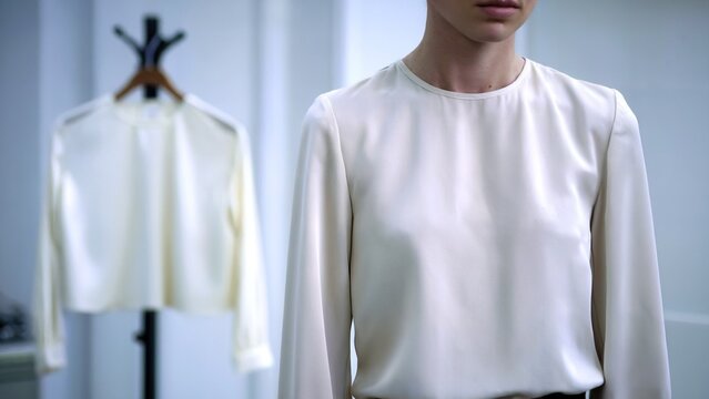 a clothing model wearing a simple white blouse. The blouse has a classic design with a round neckline andlong sleeves