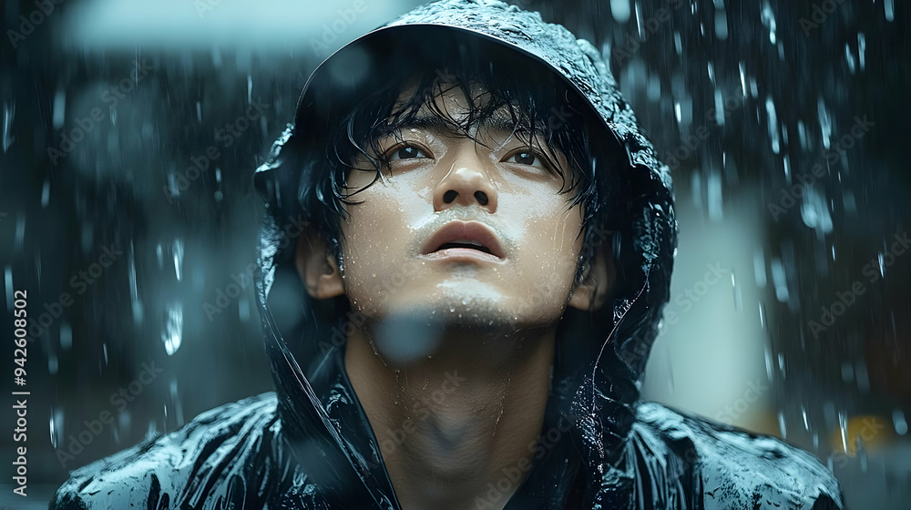 Wall mural Young man in a hooded jacket looks up at the rain.