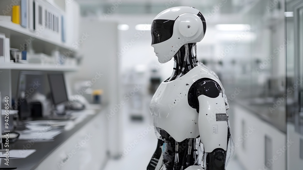 Poster a humanoid robot standing in a futuristic high tech laboratory setting surrounded by advanced machin