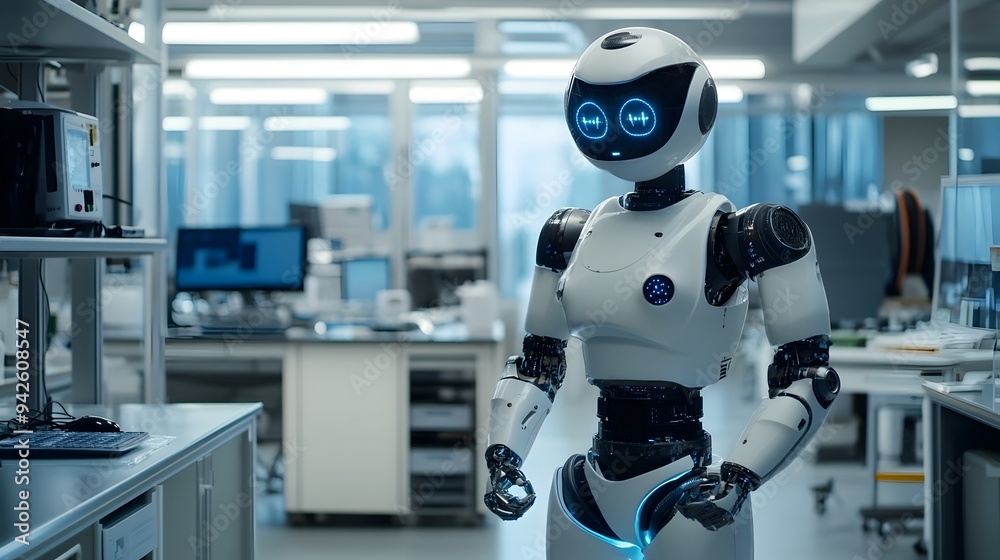 Poster a humanoid robot standing in a futuristic high tech laboratory setting with ample copyspace for addi