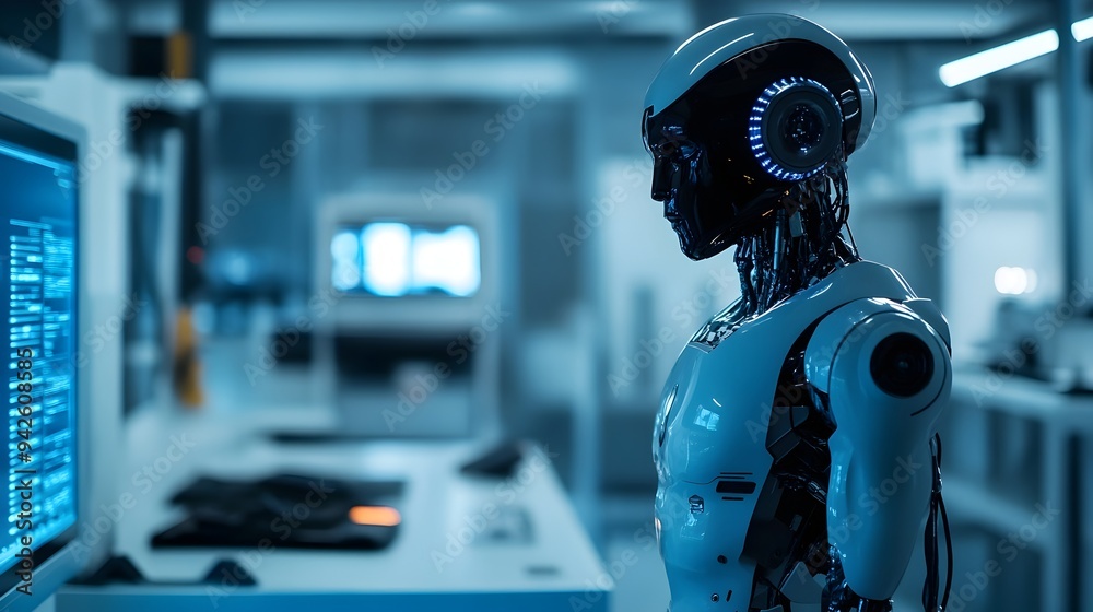 Poster humanoid robot standing in a high tech laboratory workspace surrounded by various digital equipment 