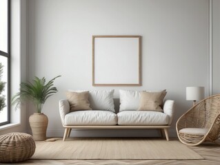 Fototapeta premium Minimalist Living Room with White Sofa and Empty Frame