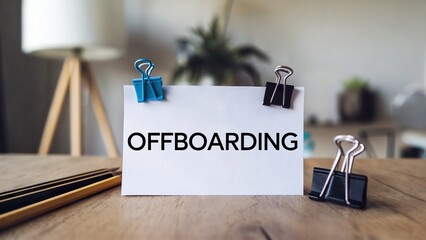 A white note with the text Offboarding. The note is placed on a wooden surface