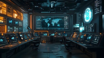 Futuristic control room filled with advanced technology including multiple displays screens and a sleek modern interface  Ideal for concepts related to data management digital information cyberpunk