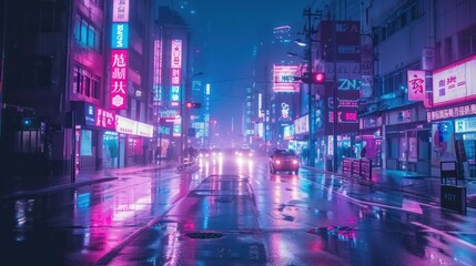 Neon lights reflecting in the wet asphalt of a city street.