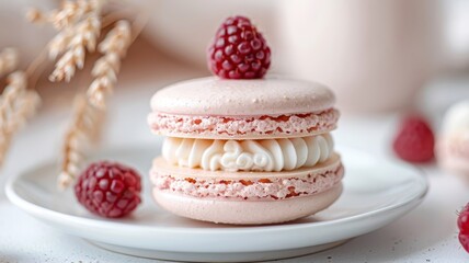 A close-up of a raspberry macaron with a creamy buttercream filling.