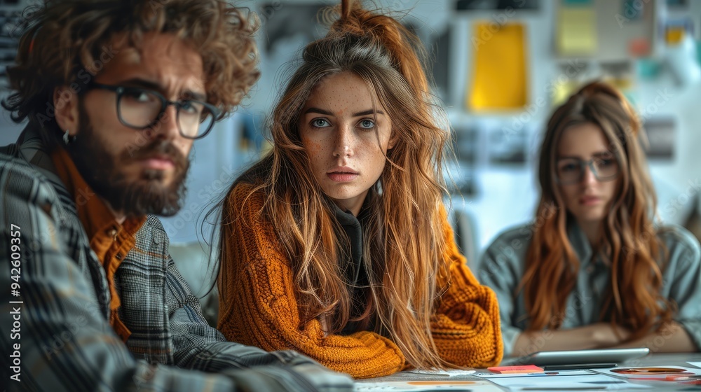 Poster a group of creative professionals in a brainstorming session, surrounded by mood boards, sketches, a