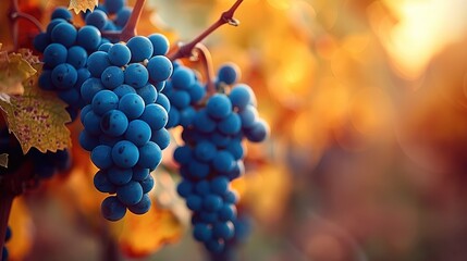 Naklejka premium Vineyard with blue grapes hanging on the branches, vine leaves in autumn, blurred background of a wine field. Generative AI.