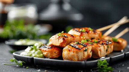 A modern culinary creation featuring grilled chicken with unique flavors and textures.