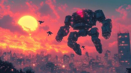 Fototapeta premium Colossal Mecha Performing Acrobatic Aerial Stunts Over Neon-Lit City