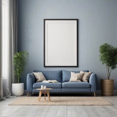 Modern Living Room Interior with Blue Sofa and Empty Frame