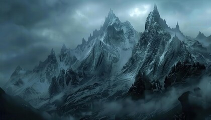 Mysterious peaks loom in a shadowy landscape, shrouded in mist and darkness, hinting at ancient secrets and untold adventures hidden in the rugged terrain.