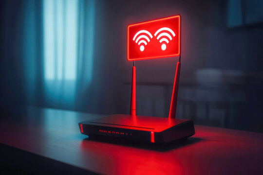 Wi-Fi router emitting a red warning signal, symbolizing internet connectivity issues, network problems, or disruption in service