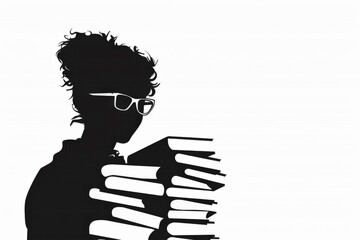 Joyful librarian surrounded by books in elegant silhouette with charming smile