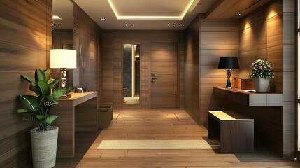 Modern Wooden Entrance Hallway Decor with Cozy Tone: Contemporary Home Featuring Furniture, Desk, Stand, and Shoe Bench