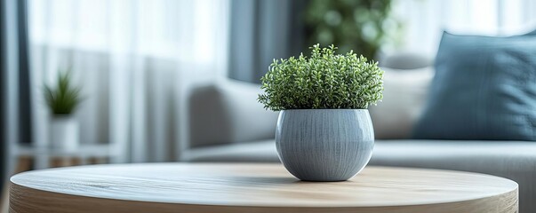 A cozy living room scene featuring a stylish potted plant on a wooden table, enhancing the serene ambiance of the space.