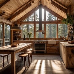 Obraz premium Wooden Cabin Kitchen with Large Window and Sunbeams